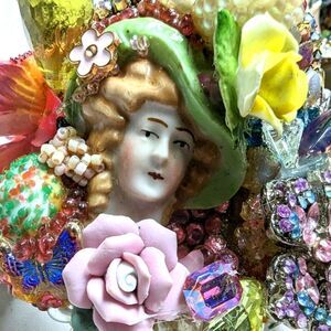 Wendy Gell Wristy Cuff Vintage Porcelain Lady, hidden angel,pearls,flowers, gems